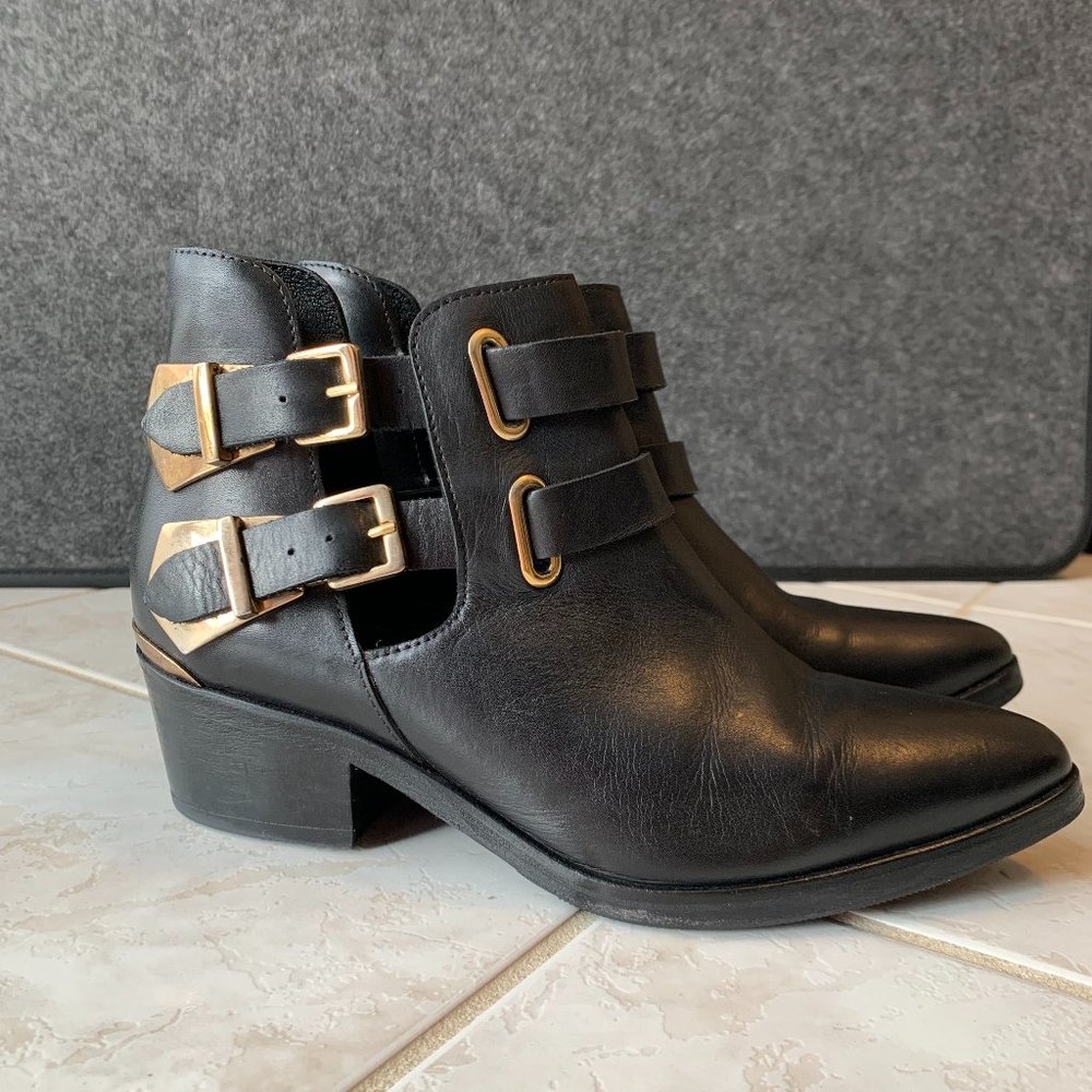 SANDRO DOUBLE BUCKLE ANKLE BOOTS BLACK LEATHER SIZE 37